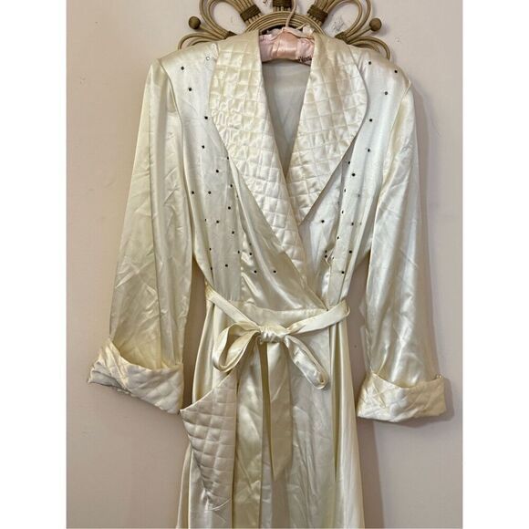 Vintage 60s Montgomery Ward Cream Satin Dressing Gown Robe 16 - Picture 7 of 12